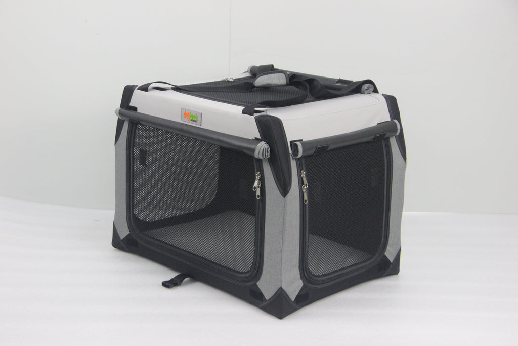 DogGoods foldable crate with zippered mesh sides for ventilation, roll-up blackout shades for privacy, and a sturdy, portable design for travel and home use.