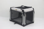 DogGoods foldable crate with zippered mesh sides for ventilation, roll-up blackout shades for privacy, and a sturdy, portable design for travel and home use.