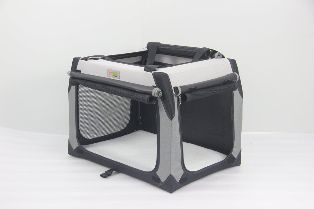 Foldable Soft-Sided Travel Dog Crate with Shades and Seatbelt Loops