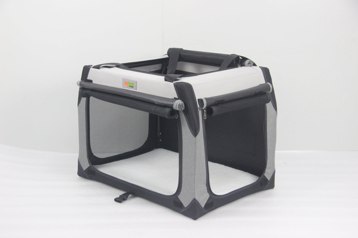 Foldable Soft-Sided Travel Dog Crate with Shades and Seatbelt Loops