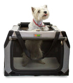 Small white dog sitting inside a DogGoods foldable crate, peeking out from the top opening. The crate features mesh ventilation, a soft fleece mat, and sturdy carrying straps.