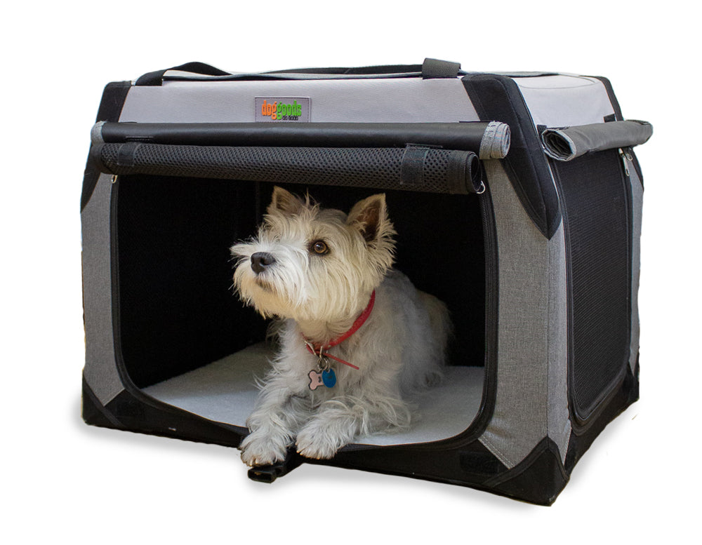 Small white dog resting inside a DogGoods foldable crate with roll-up mesh screens for ventilation and a soft fleece mat for comfort.