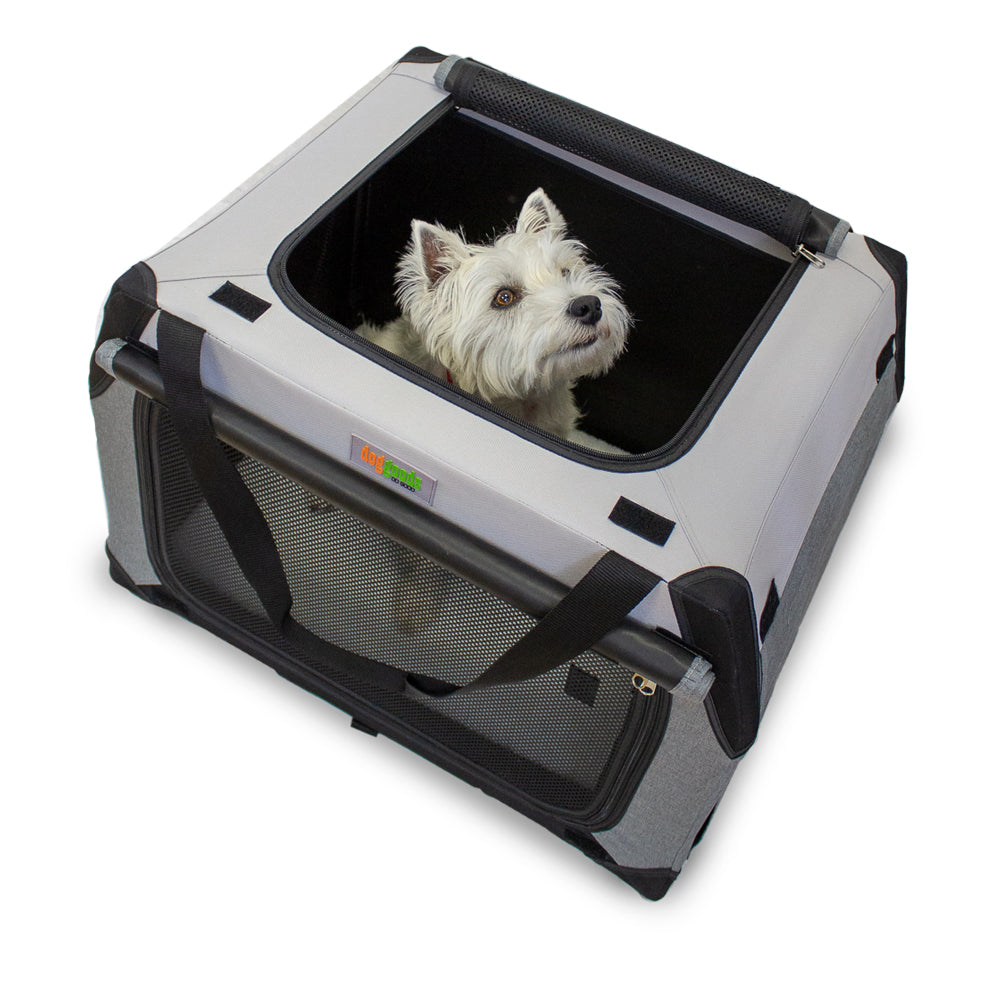 Small white dog comfortably sitting inside a DogGoods foldable crate, peeking out from the top opening. The crate features mesh ventilation, sturdy handles, and a soft fleece mat.