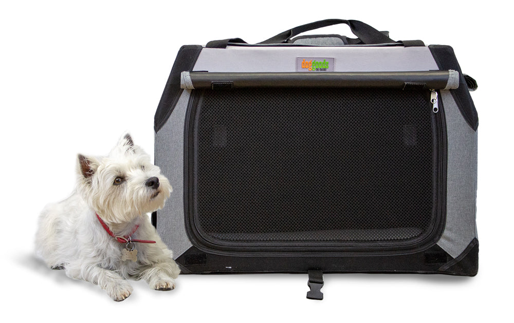 Small white dog lying next to a DogGoods foldable crate with a zippered mesh front for ventilation and sturdy handles for portability.