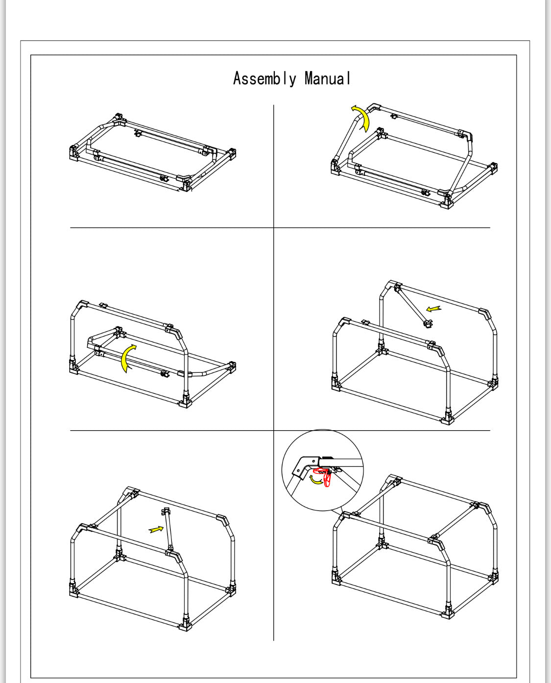 Illustrated assembly manual showing step-by-step instructions for setting up the DogGoods foldable travel crate's collapsible iron frame. Each panel outlines different stages of unfolding and securing the structure, with arrows indicating movement and a close-up detail highlighting the locking mechanism.