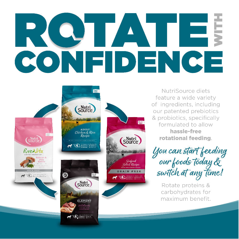 Rotate with Confidence: NutriSource diets feature a wide variety of ingredients specifically formulated to allow hassle-free rotational feeding.