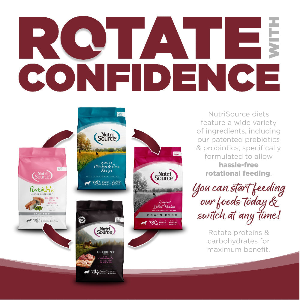 Rotate with Confidence: NutriSource diets feature a wide variety of ingredients specifically formulated to allow hassle-free rotational feeding.