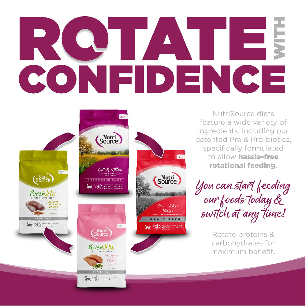 Rotate with Confidence: NutriSource diets feature a wide variety of ingredients specifically formulated to allow hassle-free rotational feeding.