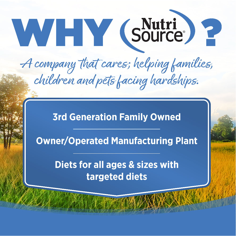 Advertisement for NutriSource with text about the company's values and services, set against a scenic background.