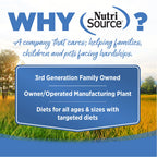 Advertisement for NutriSource with text about the company's values and services, set against a scenic background.