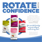 Promotional graphic for NutriSource pet food products with text about rotating diets.
