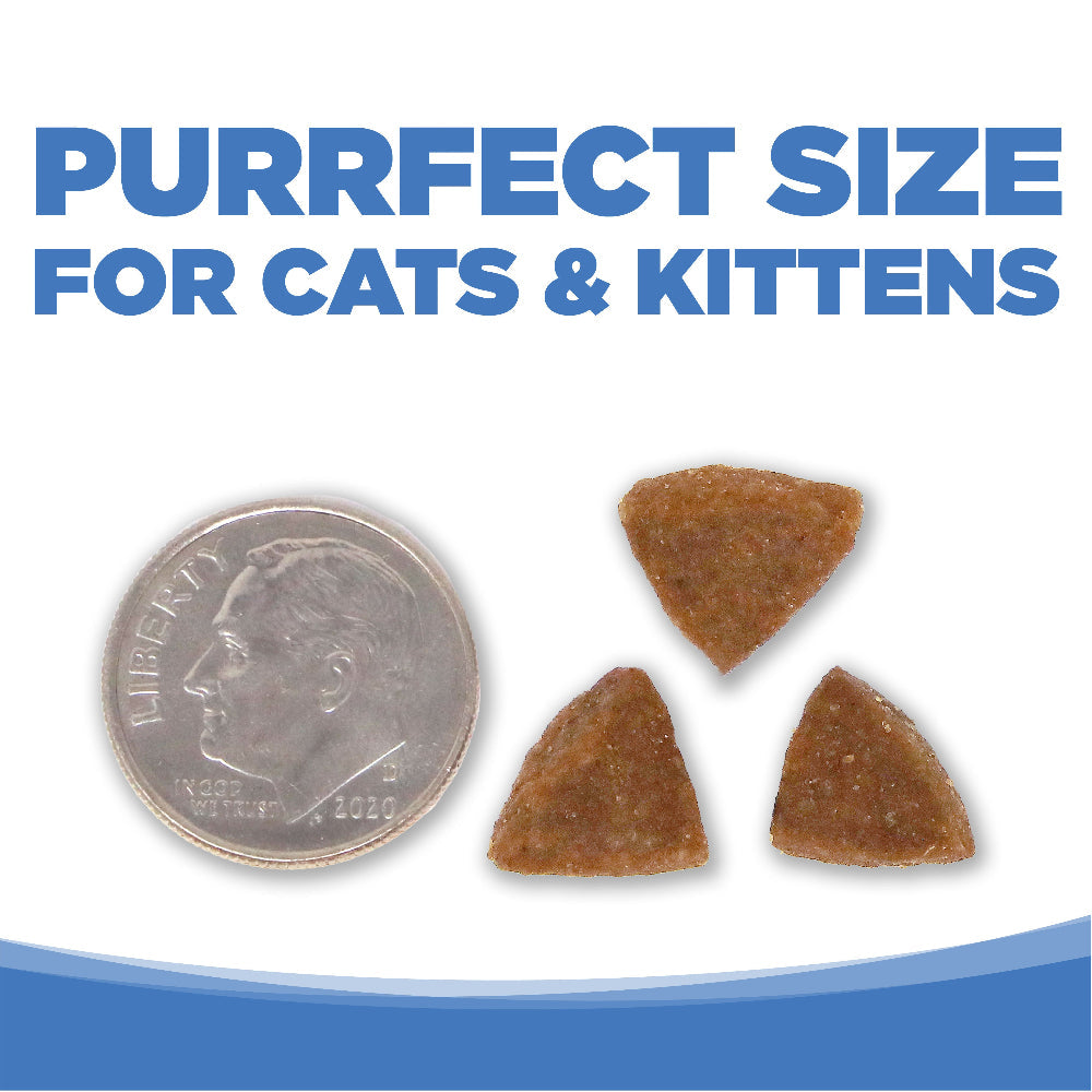 Three triangular kibble pieces next to a dime on a white background with 'Purrfect Size for Cats & Kittens' text.