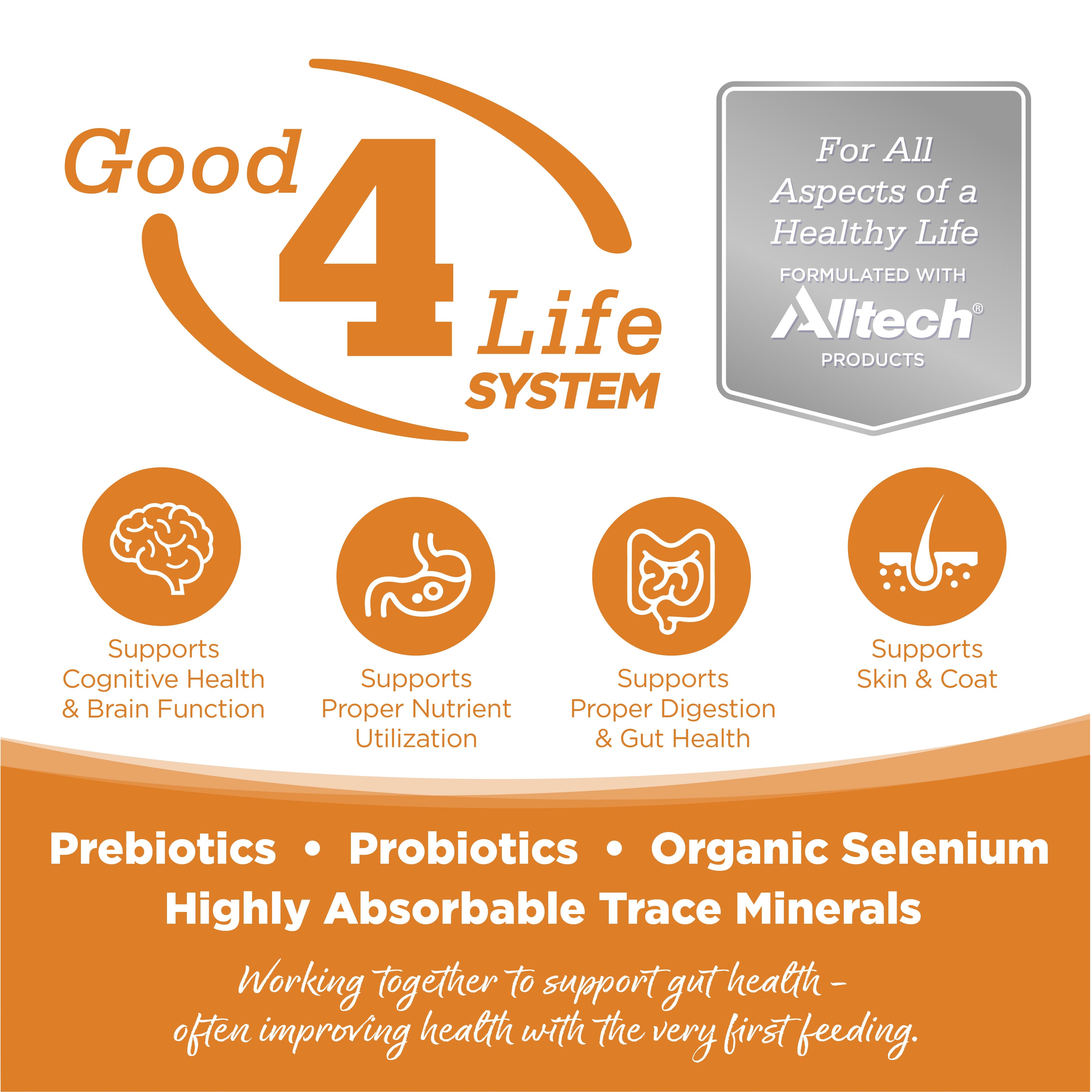 Good 4 Life: Our proprietary Good 4 Life system includes 4 key ingredients that work together to support gut health and the well-being of your pet.