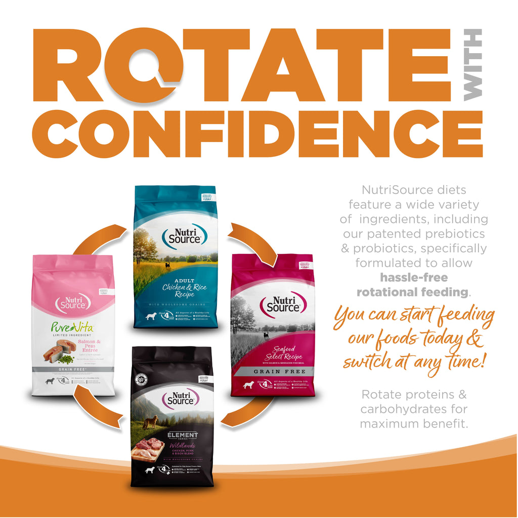Rotate with Confidence: NutriSource diets feature a wide variety of ingredients specifically formulated to allow hassle-free rotational feeding.