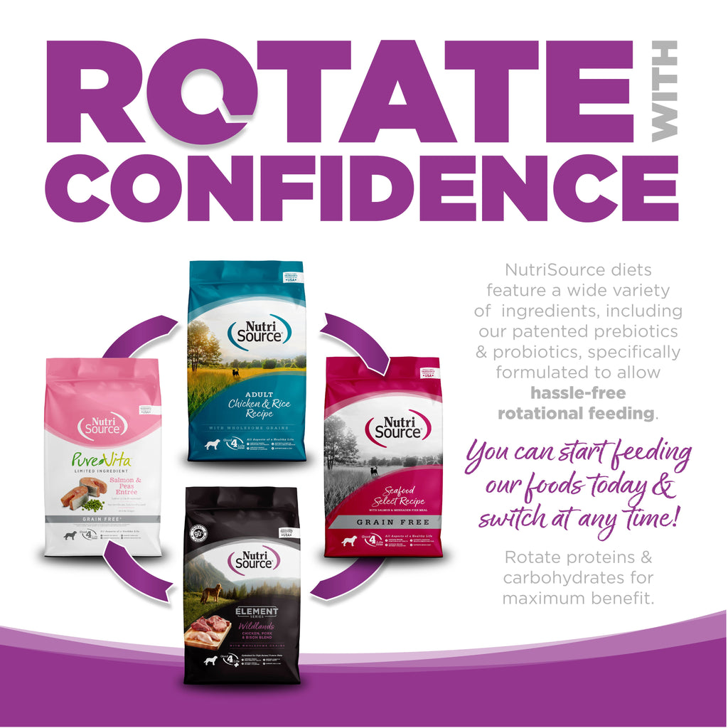 Rotate with Confidence: NutriSource diets feature a wide variety of ingredients specifically formulated to allow hassle-free rotational feeding.