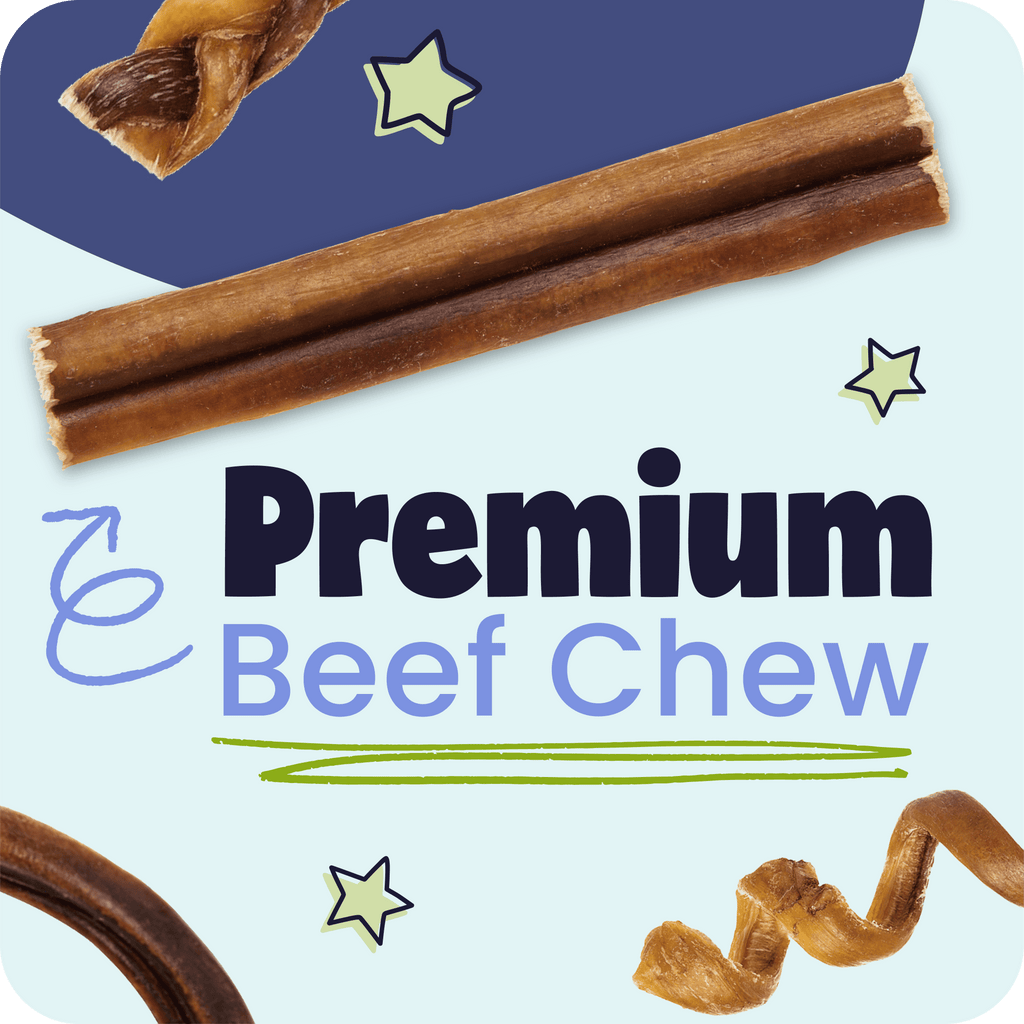 Premium beef chew product with star decorations on a light blue background