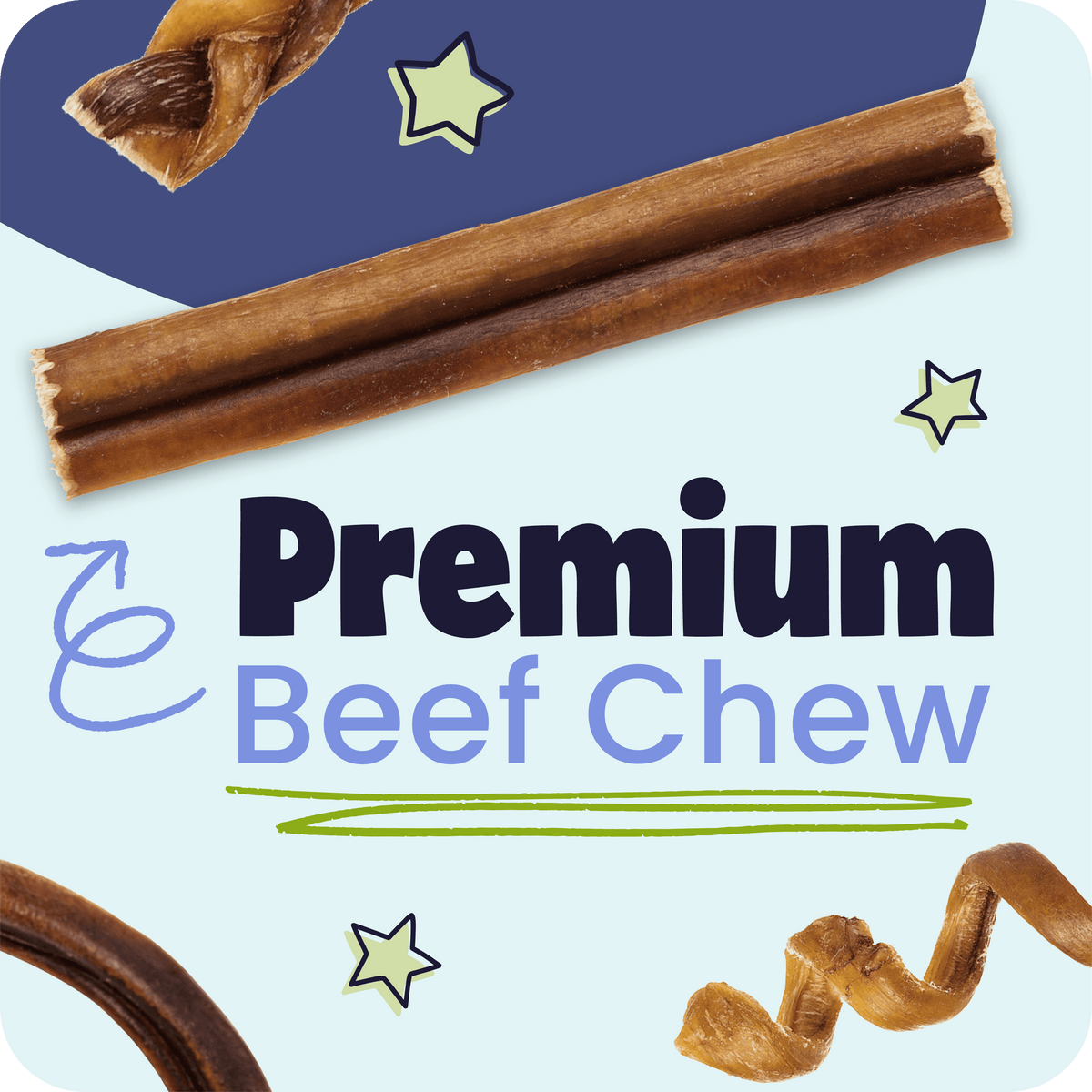 Premium beef chew product with star decorations on a light blue background