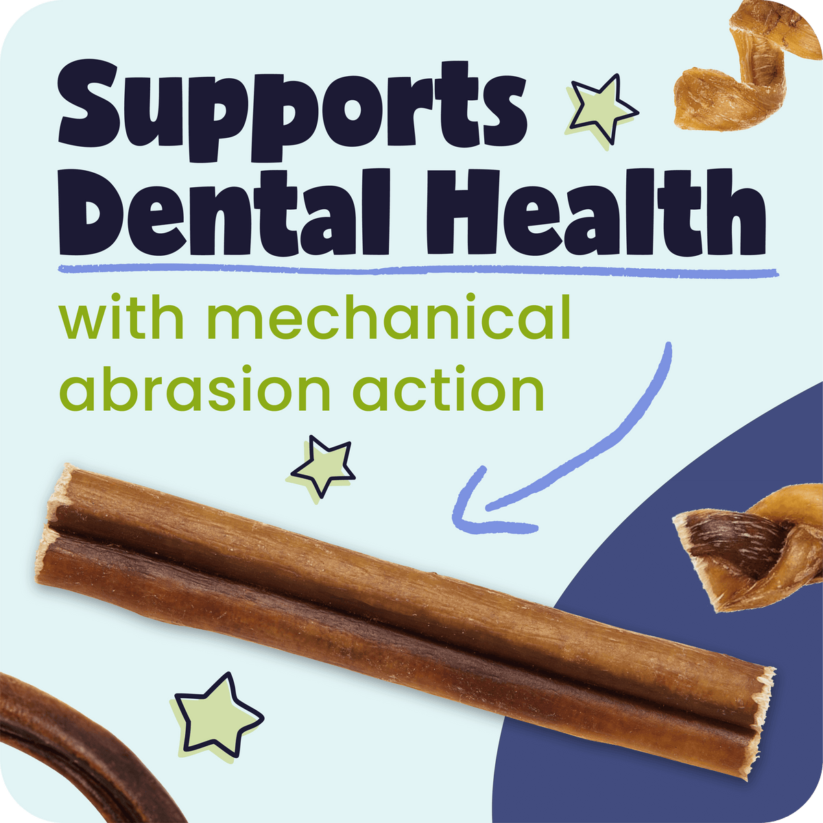 Dog chew treats with text highlighting dental health benefits on a blue and white background