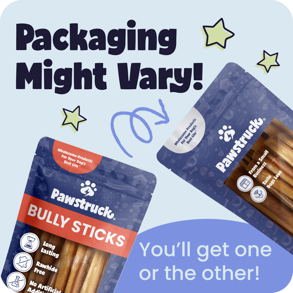 Two packages of Pawstruck Bully Sticks with text indicating packaging variation on a light blue background.