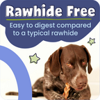 Dog holding a rawhide-free chew with text about its digestibility.