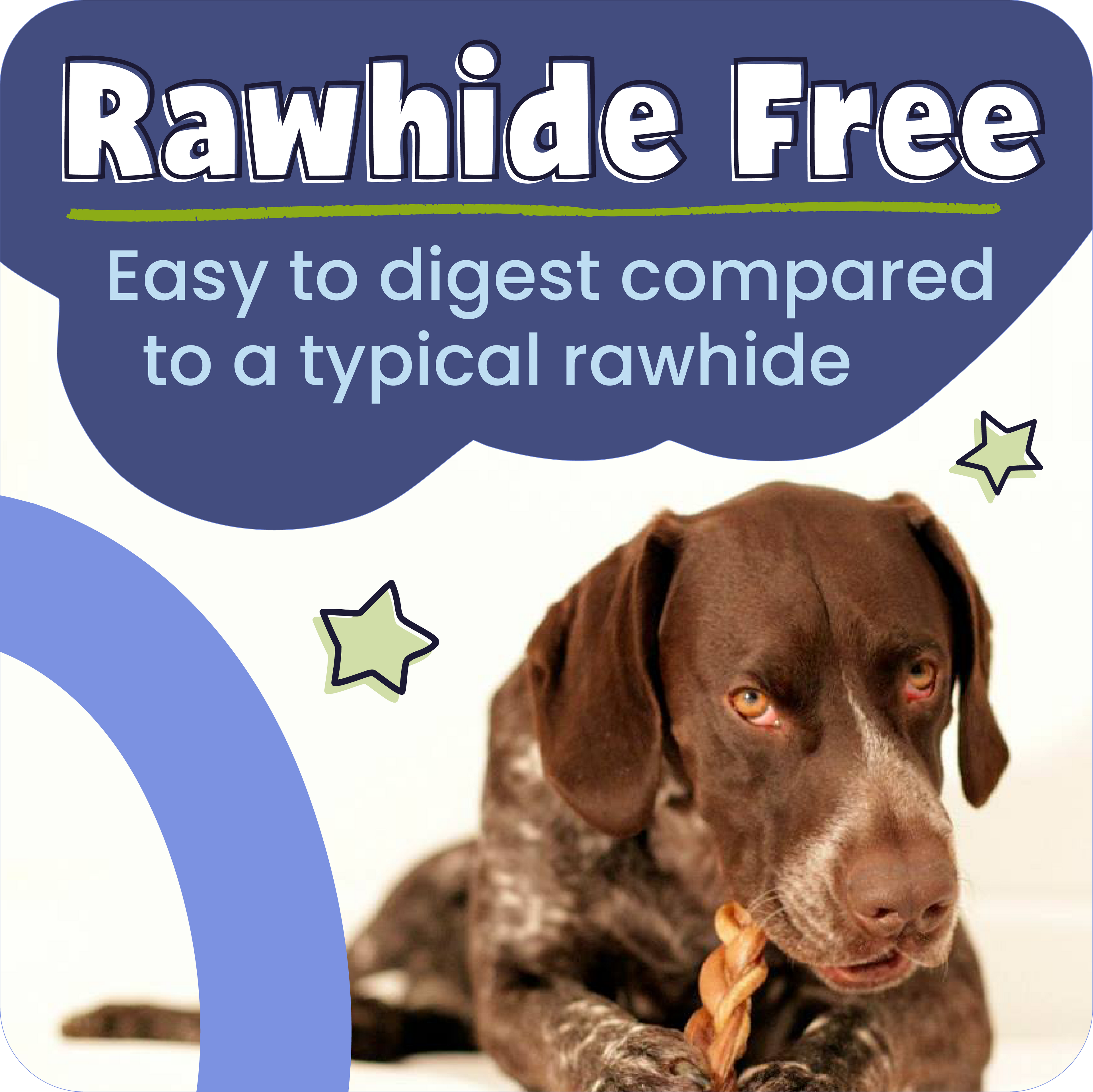 Dog holding a rawhide-free chew with text about its digestibility.