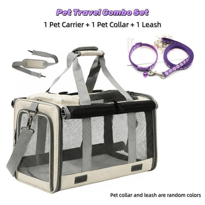 Airline Approved Pet Carrier Soft Sided Collapsible for Cats & Small Dogs - Breathable Oxford Cloth Travel Bag with Zipper Closure, Privacy Cover & Combo Set with Collar Leash Harness, Blue Pink Grey Green Beige
