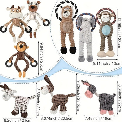 Squeaky Plush Rope Dog Toy Set with Animal Print for Aggressive Chewers - 6 8 or 10 Pack Interactive Tug-of-War Chew Toys for All Dog Breeds No Batteries Required
