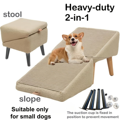 Dog Ramp 2-in-1 Foldable Ottoman Pet Stairs for Sofa Bed, Solid Wood Frame Heavy-Duty Small Dog Steps with Anti-Scratch Rounded Edges, Space-Saving Folding Pet Ramp Footrest, Black & Khaki