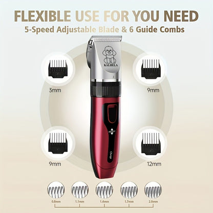 Pet Grooming Clippers Rechargeable with LED Display - Cordless Electric Dog Cat Hair Clipper, Detachable Blades 4 Guide Combs Low Noise, Professional Wireless Pet Trimmer with Accessories, Red