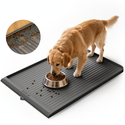 Waterproof Pet Feeding Mat 36"x24" Non-Slip Dog Bowl Mat with Raised Edges & Diversion Grooves - Large Food and Water Mat for Dogs & Cats, Easy-Clean Floor Protector, Grey