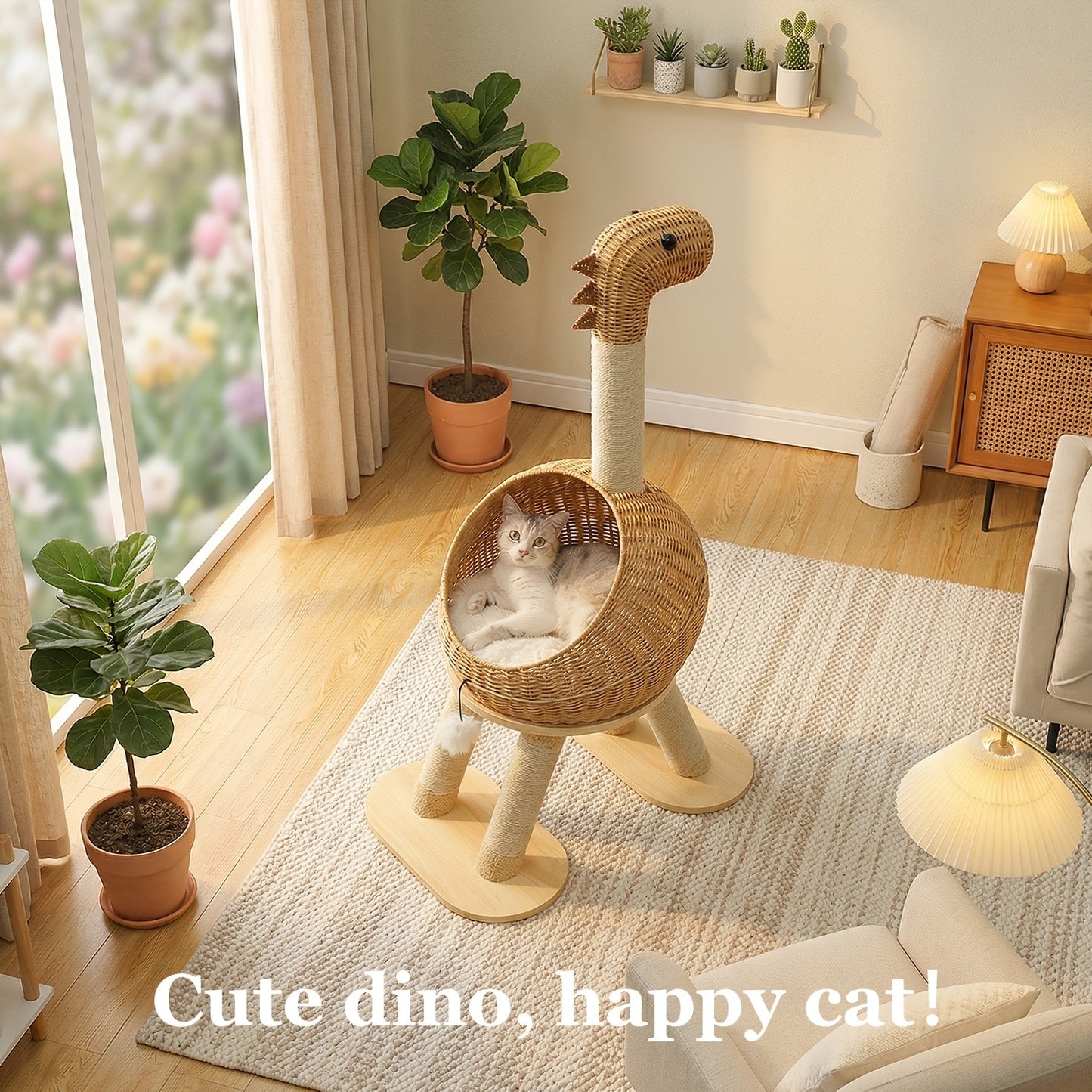 Dinosaur Cat Tree Tower 46 Inch – Large Rattan Cat House with 4 Sisal Scratching Posts, Wicker Bed & Removable Mat, Multi-Level Platform for Large Indoor Cats, Maine Coon Friendly, Brown