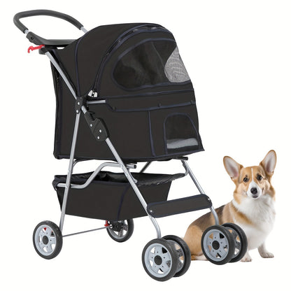 4-Wheel Pet Stroller with Cup Holder & Storage Basket | Portable Breathable Cat Dog Stroller, Smooth-Rolling Outdoor Pram for Small Medium Pets, Foldable Travel Jogger with Canopy, 5 Colors