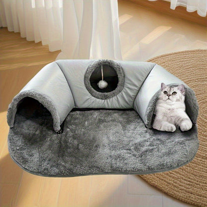 Cat Tunnel Bed 3-in-1 Play Mat & Warm Nest with Non-Slip Base, Durable Chew-Resistant Polyester Cat Bed for Indoor Cats, Soft Gray White Design, S & M Sizes for Cats Rabbits Hamsters