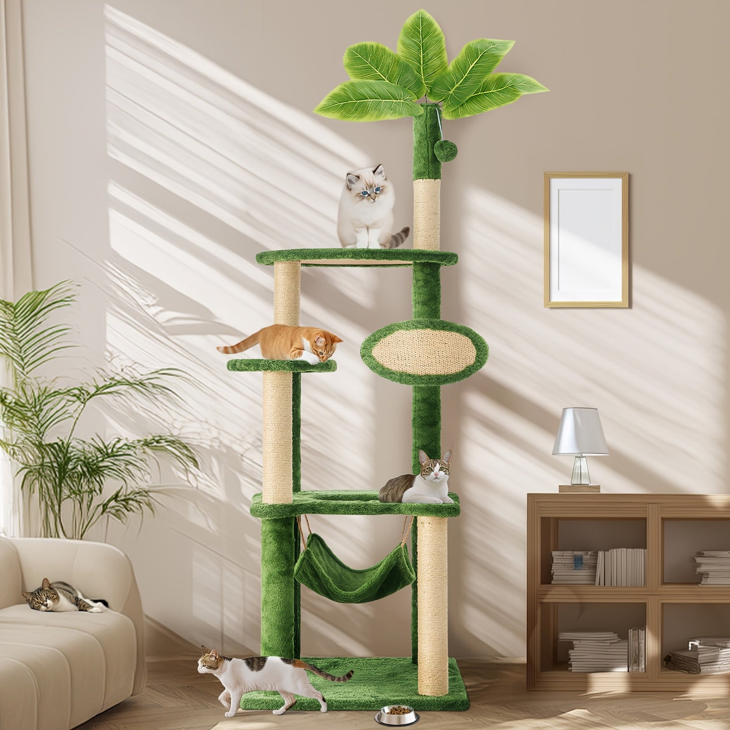 Cat Tree 55" Large Multi-Level Cat Tower for Indoor Cats with Green Leaves, Hammock, Sisal Scratching Posts & Hanging Ball Toy – Cat Furniture for Living Room