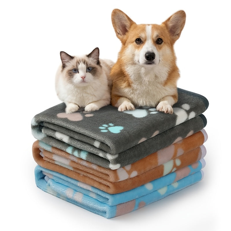 1 Pack 3 Blankets Super Soft Fluffy Premium Fleece Pet Blanket Flannel Throw for Dog Puppy Cat Paw Brown/Pink/White(Free Pet Drying Towel Included)
