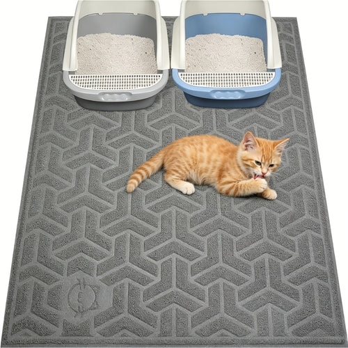 Cat Litter Mat Extra Large 46" x 35" - Litter Trapping Mat with Anti-Slip Bottom, Urine-Proof PVC, Soft on Paws, Scatter Control Litter Box Mat for Indoor Cats, Easy to Clean, Gray & Blue