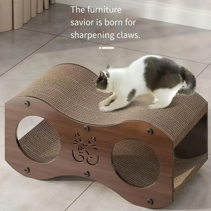 Cat Scratching Post with Integrated Cat Bed - Sturdy Walnut Wood Base, 4-Season Woven Scratch Pad, Indoor Cat Scratcher Lounge for Scratching, Lounging & Play, Oak Color with Optional Cat Toy