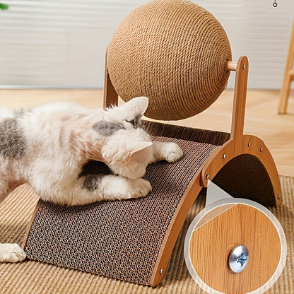 Cat Scratching Ball & Post 2-in-1 with Hanging Ball Toy - Extra Tall Sisal Cat Scratcher for Claw Sharpening, Heavy-Duty Scratching Pad for Kittens & Cats, Self-Adhesive Base, 6.69x14.57x11in