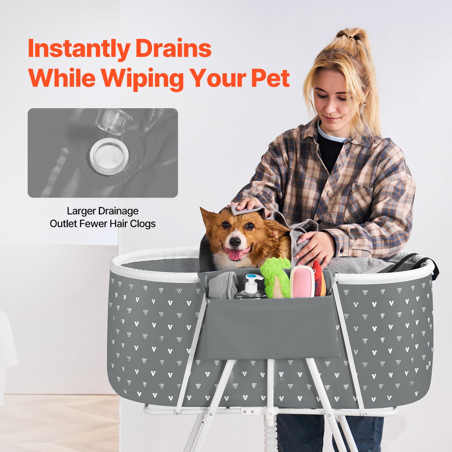 Elevated Foldable Pet Bathtub – Stand-Up Dog Grooming Tub with Carbon Steel Legs, 220 lbs Capacity & Expandable Drain Hose | 33"x18" PVC Tub for Pets 10–65 lbs | Space-Saving Collapsible Design | Gray