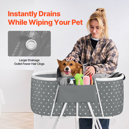 Elevated Foldable Pet Bathtub – Stand-Up Dog Grooming Tub with Carbon Steel Legs, 220 lbs Capacity & Expandable Drain Hose | 33"x18" PVC Tub for Pets 10–65 lbs | Space-Saving Collapsible Design | Gray