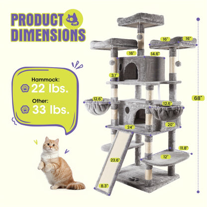 Cat Tree Tower Multi-Level for Indoor Cats - Cat Furniture with Sisal Scratching Posts, Plush Perches, Hammock, Basket & Corner Condo Cave, Hanging Toys & Climbing Ramp, Multiple Sizes & Colors