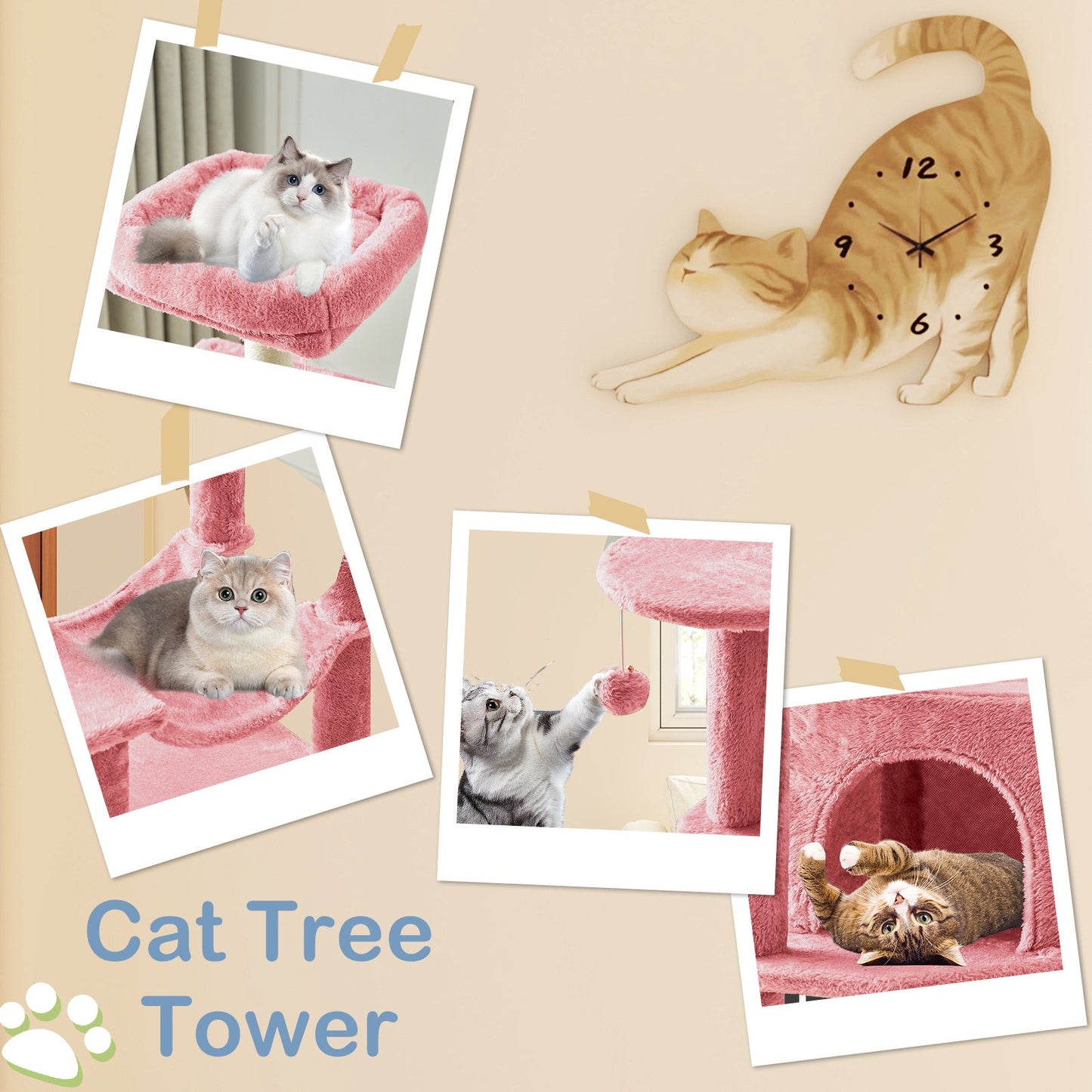 44-Inch Cat Tree Tower with Condo & Hammock - Multi-Level Indoor Cat Tree with Natural Sisal Scratching Posts, Perches & Pet House for Cats & Kittens, Stable Cat Climbing Tower, 5 Colors
