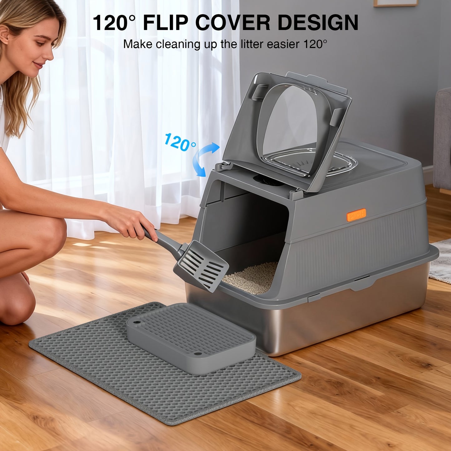 Extra Large Enclosed Cat Litter Box - Stainless Steel with Front Flap Door, Foldable Anti-Splash Fully Covered Design, Superior Odor Control Indoor Cat Toilet, 3 Colors, CITYLIFE Oversized