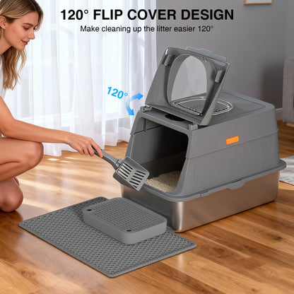Extra Large Enclosed Cat Litter Box - Stainless Steel with Front Flap Door, Foldable Anti-Splash Fully Covered Design, Superior Odor Control Indoor Cat Toilet, 3 Colors, CITYLIFE Oversized