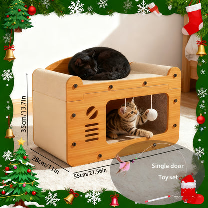 Large Cat House with Scratcher Pad & Plush Ball Toys, Ventilated Multi-Functional Indoor Outdoor Cat Shelter, Easy Assembly Single Door Double Door Luxury Double-Layer Cat Condo, Festival Gift
