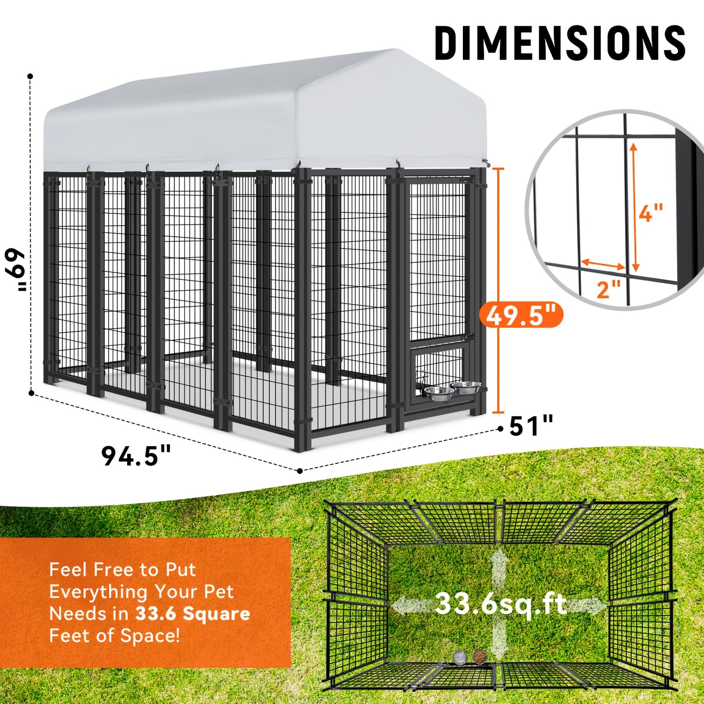 Outdoor Dog Enclosure Welded Wire Steel with UV-Resistant Roof Cover Secure Lock Dog Playpen Fence Run for Large Dogs 4x4 6x4 8x4 ft 6ft Tall