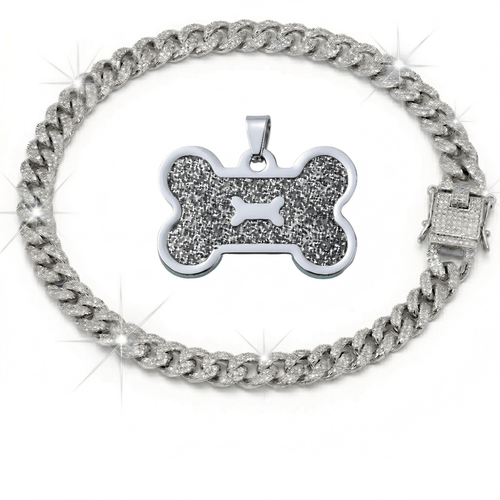 Pet ID Tag & Cuban Link Collar Set – 2pcs Engravable Bone-Shaped Tag with Rhinestone Collar for Dogs & Cats S to 4XL