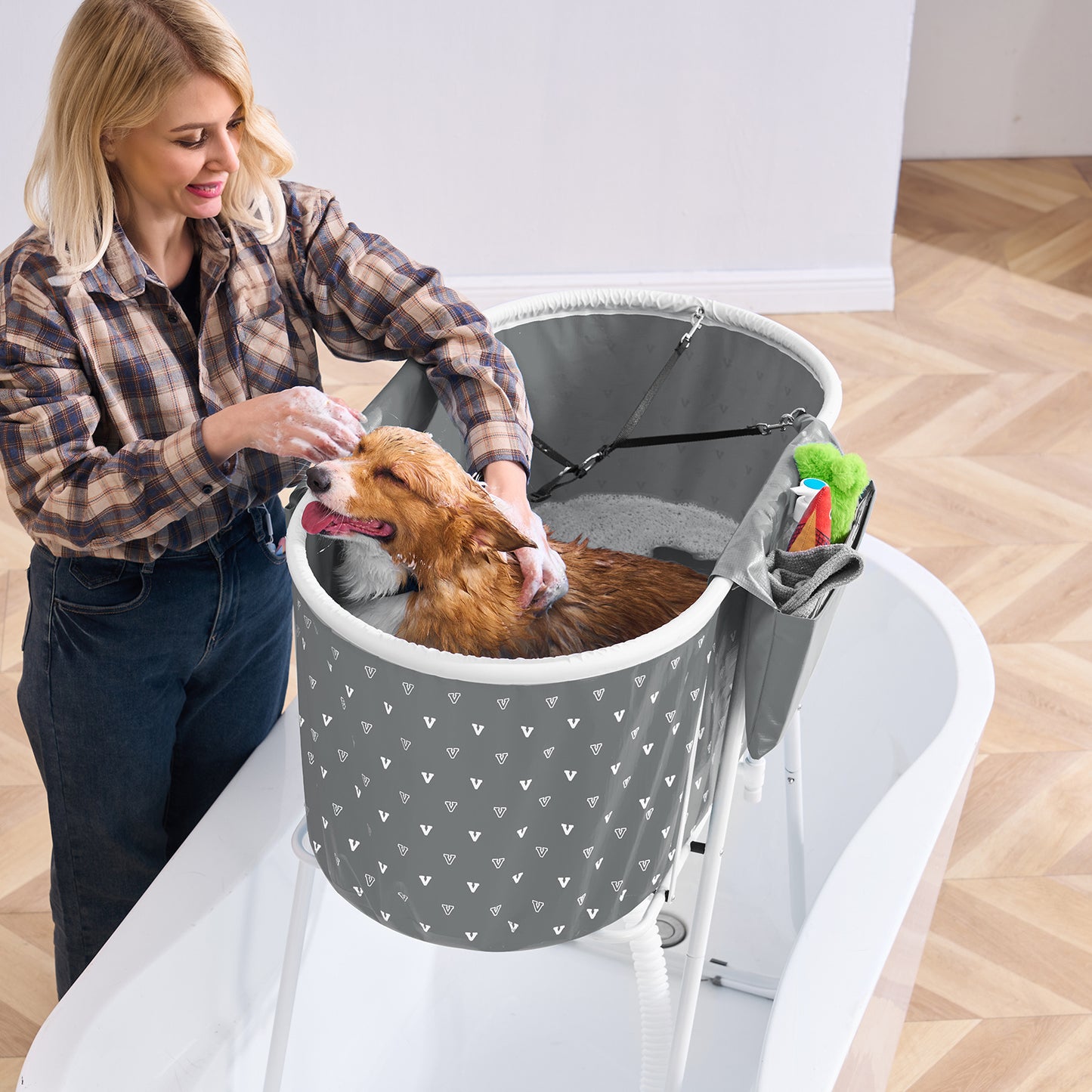 Elevated Foldable Pet Bathtub – Stand-Up Dog Grooming Tub with Carbon Steel Legs, 220 lbs Capacity & Expandable Drain Hose | 33"x18" PVC Tub for Pets 10–65 lbs | Space-Saving Collapsible Design | Gray