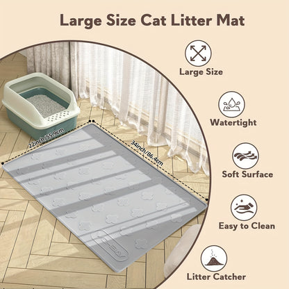 Cat Litter Mat XXL Silicone 34x22 Inch - 3-in-1 Waterproof Non-Slip Litter Trapping Mat with Raised Edges Easy Clean Foldable Pet Feeding Floor Protector