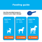 Feeding guide for Canident showing recommended scoops by dog size using the included blue measuring scoop.